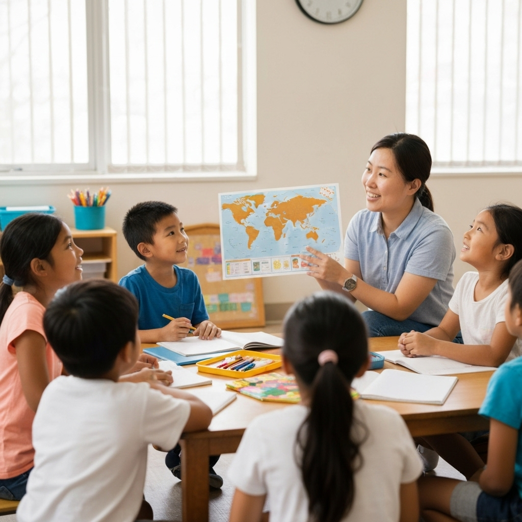 Children learning in classroom with teacher