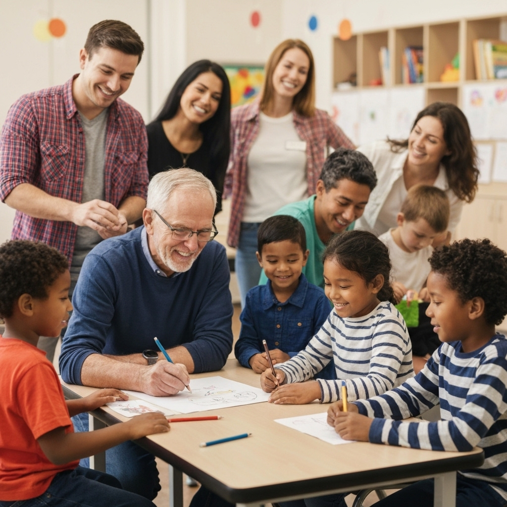 Volunteers helping children